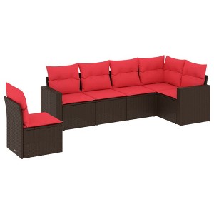 vidaXL 6 Piece Patio Sofa Set with Cushions Brown and Red Poly Rattan - Without Table - 1 of 4