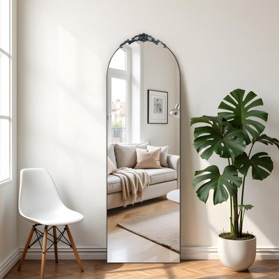 66.3x22.62 Inch Vintage Carved Wooden Right Angle Arched Black Full-Length Mirror (With Bracket)
