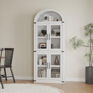 71" Tall Arched Kitchen Pantry Cabinet, Freestanding Cupboard Storage Cabinet, 5 Tier Wood Display Cabinet, Versatile Bookcase, Black Glass Door - 1 of 4