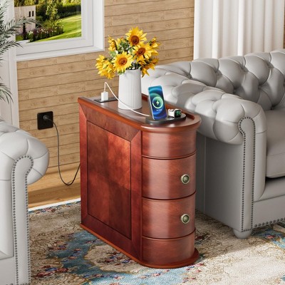 Teak Brown Half-round Wood End Table with Storage