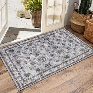 Washable Vintage Area Rug – Stain-Resistant, Non-Slip, Thin Lightweight Carpet, Retro Distressed Floral Mat for Living Room, Dining, Office - 1 of 4