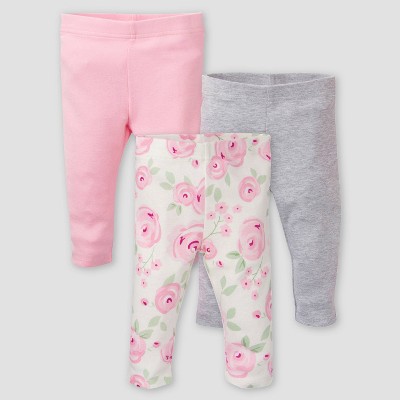Image of Gerber Baby Girls' 3pk Floral Pull-On Pants - Pink/Off-White/Gray Newborn