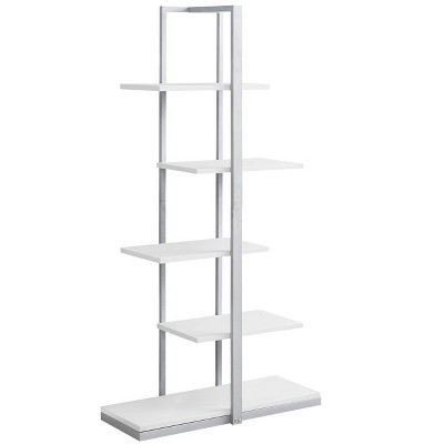 Bookshelf, Bookcase, Etagere, 5 Tier, 60"h, Office, Bedroom, White Laminate, Grey Metal, Contemporary, Modern