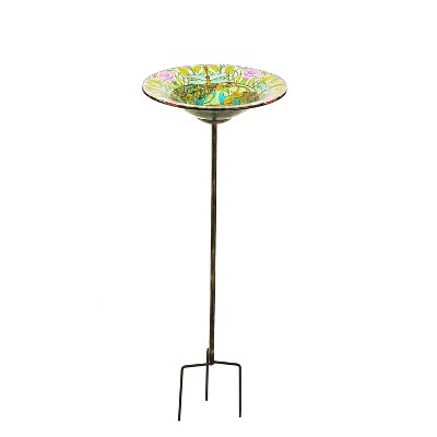 Evergreen 10 In Dragonfly Glass Bird Bath with Stake