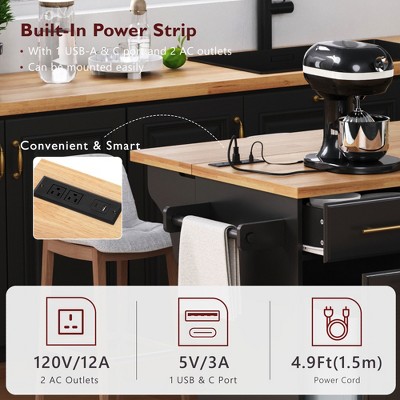 YOOCOZZ 59.3" Kitchen Island with Rubber Wood Drop Leaf, 2 Pull Out Organizers+Trash Can Storage, Power Outlet, Spice&Towel Rack