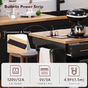 YOOCOZZ 59.3" Kitchen Island with Rubber Wood Drop Leaf, 2 Pull Out Organizers+Trash Can Storage, Power Outlet, Spice&Towel Rack - 1 of 4