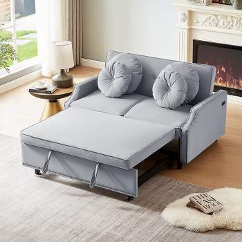 Sofa Bed Couch, Convertible Sofa Bed with 3 Levels Adjustable Backrest, 4 Floral Pillows, 2 USB Ports, Pull-Out Sofa Bed for Living Room