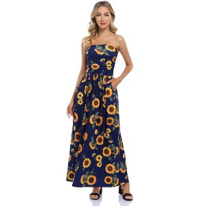 Women Strapless Maxi Boho Vintage Summer Beach Floral Print Hawaiian Party Long Dress - 1 of 4