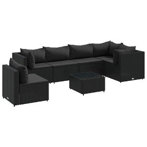 vidaXL Patio Lounge Set with Cushions 7-Piece Sectional Sofa Set - Black Poly Rattan Outdoor Modular Furniture for Gardens, Decks, and Terraces - 1 of 4