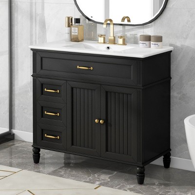 Bathroom Vanity With Ceramic Sink,Storage Cabinet,Bathroom Storage Cabinet With 3 Drawers,Solid Wood Legs And 2 Doors -Maison Boucle