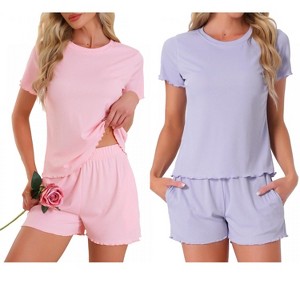 INSPIRE CHIC Women's 4 Pcs Ribbed Knit Soft Short-Sleeve Top & Shorts Ruffled Lounge Pajama Set with Pocket - 1 of 4
