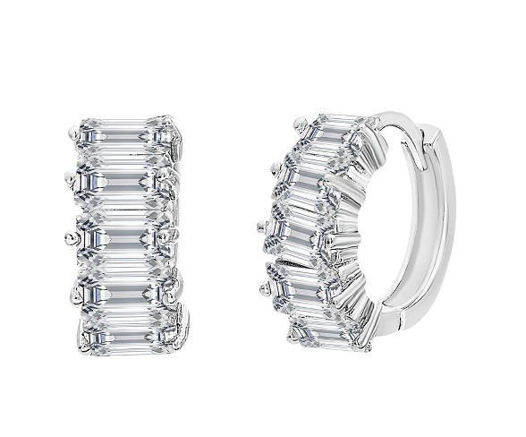18K White Gold Sterling Silver Cubic Zirconia Baguette Huggie Earrings