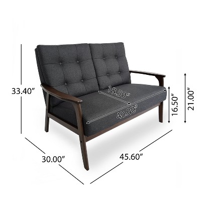 Mid-Century Black Tufted Fabric Loveseat with Walnut Wood Frame