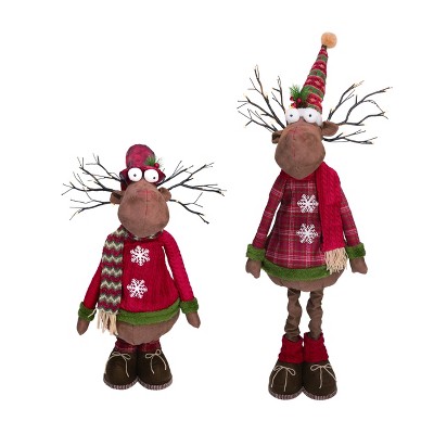 Transpac Fabric 35 in. Brown Christmas Plush Light Up Telescoping Reindeer Set of 2