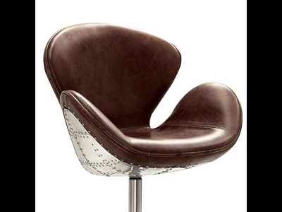 Retro Brown Leather and Metal Swivel Accent Chair