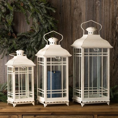 Elegant White-Washed Metal & Glass Candle Lantern Trio