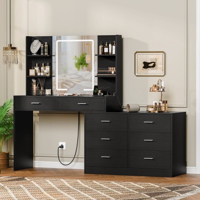 USIKEY Vanity Makeup Desk with LED Light Mirror & Power Outlet, 8 Drawers, & 6 Storage Shelves Dressing Table, Corner Vanity Desk