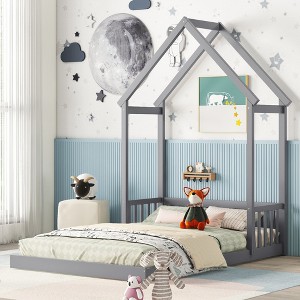 NicBex Kids Montessori Bed with House-shaped Headboard,Floor Bed with Semi-fence Design,Twin/Fill Size Toddler bed for Bedroom,Gray/White/Brown - 1 of 4
