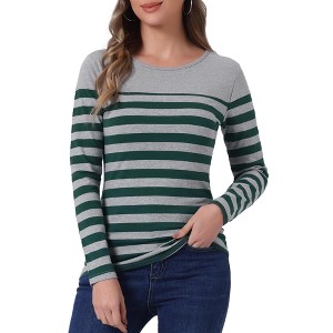 INSPIRE CHIC Women's Color Block Round Neck Long Sleeves Striped Basic T-Shirt - 1 of 4