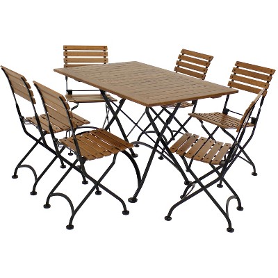 Sunnydaze Indoor/Outdoor Essential European Chestnut Wood Folding Patio Table and Chairs Set - Brown - 7pc