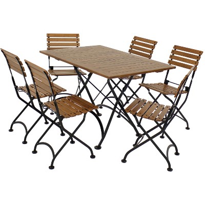 Sunnydaze Indoor/Outdoor Essential Chestnut Wood Folding Patio Table and Chairs Set - Brown - 7pc