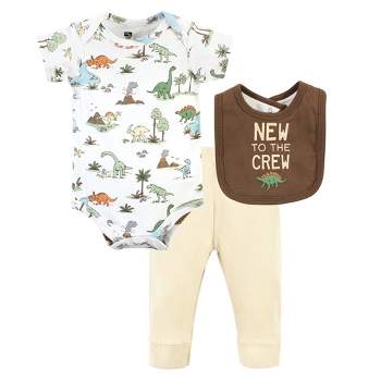 Hudson Baby Infant Boy Cotton Bodysuit, Pant and Bib Set, Dinosaur Adventures