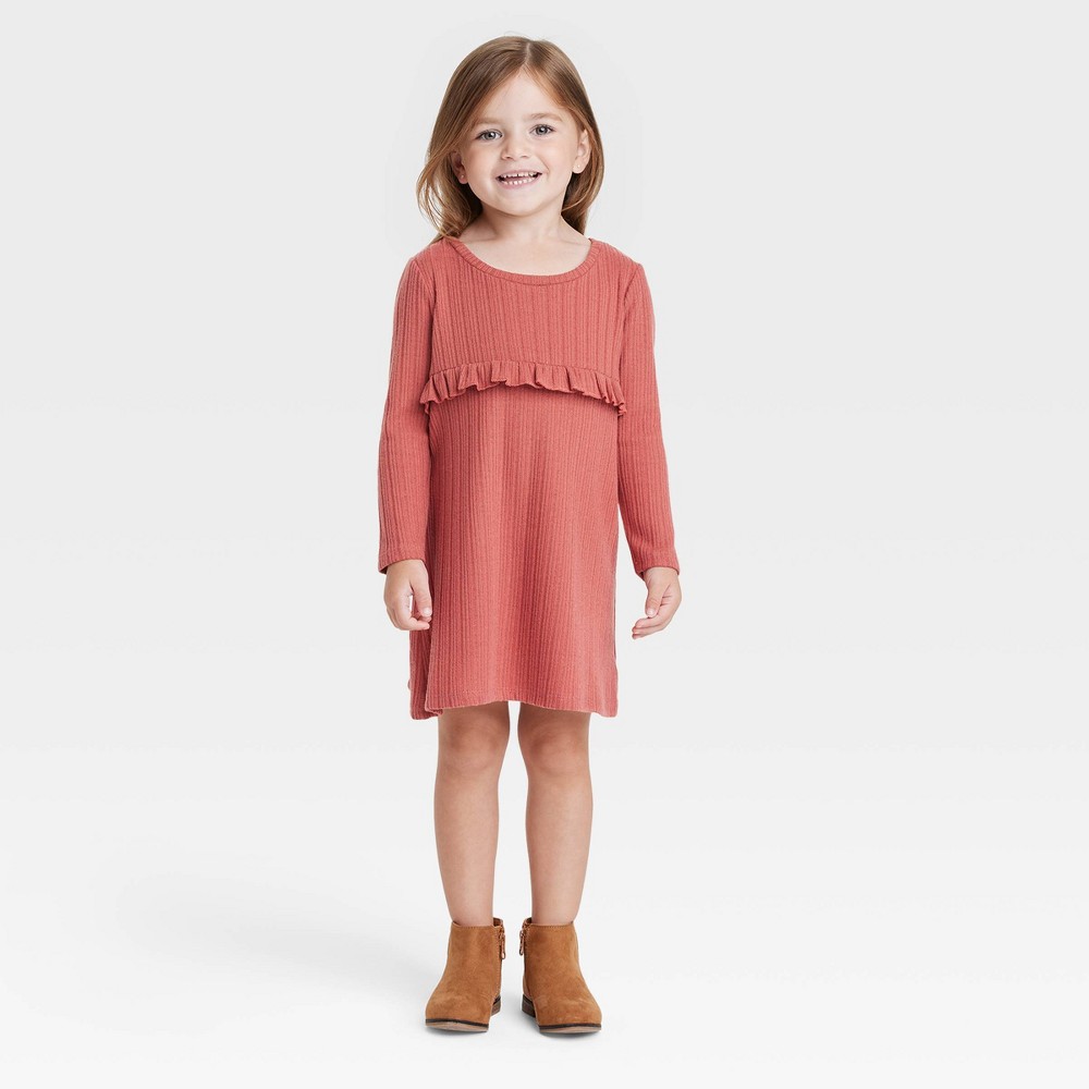 Grayson Collective Toddler Girls' Cozy Ribbed Long Sleeve Dress - Maroon 2T -  85728691