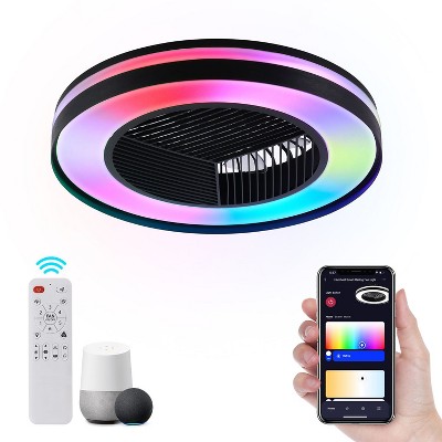 HUMHOLD 20" Smart Low Profle Ceiling Fans with RGB Lights Remote/APP/Voice Control, Bladeless Ceiling Fans with 6 Speeds, Timer, Quiet DC Motor, Black