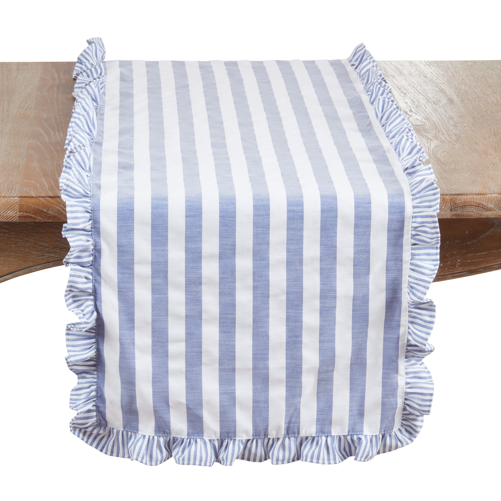 Saro Lifestyle Striped Ruffle Edge Table Runner – Decorative Non-Reversible Cotton Blend Table Runner for Dining Table, 16"x72", Blue