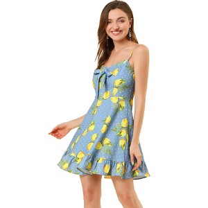 Allegra K Women's Floral Ruffle Bow Knot Lemon Spaghetti Strap Mini Sundress - 1 of 4