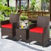 Tangkula 3 Pieces Patio Rattan Conversation Furniture Wicker Chairs with Coffee Table & Cushions Red/Blue/White - 4 of 4