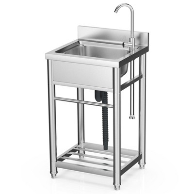 Huxxion Stainless Steel Utility Sink, Free Standing Single Bowl Kitchen Sink with Cold and Hot Water Pipe, Outdoor Basin Station with Cabinet