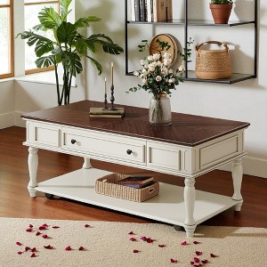 Mshliw Coffee Table with Drawer and Wheels, Rectangular Wooden Center Table with Solid Wood Legs, Storage Shelf & Lockable Casters for Living Room - 1 of 4
