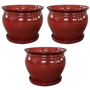 Southern Patio Wisteria 8 Inch Round Ceramic Indoor or Outdoor Garden Planter Pot with Saucer for Flowers and Plants, Red (3 Pack) - 1 of 4