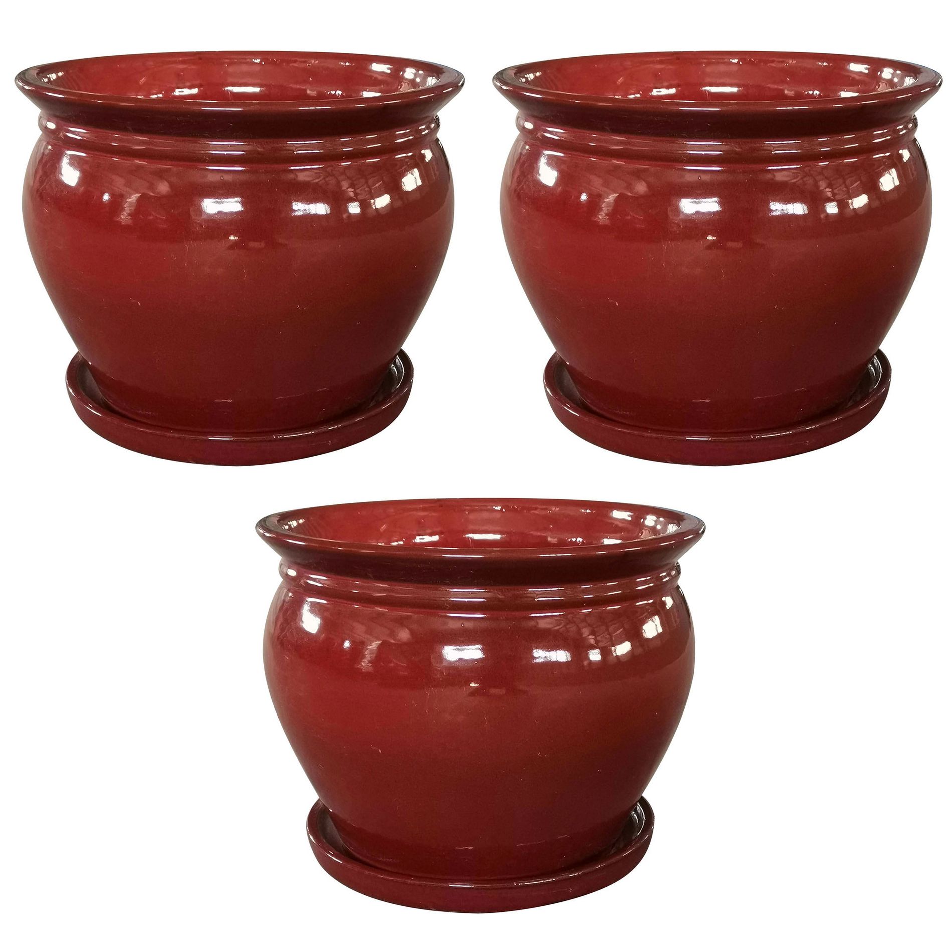 Southern Patio Wisteria 8 Inch Round Ceramic Indoor or Outdoor Garden Planter Pot with Saucer for Flowers and Plants, Red (3 Pack)