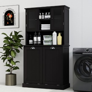 TIRAMISUBEST Two-Compartment Tilt-Out Dirty Laundry Basket Tall Bathroom Cabinet with 2 Adjustable Shelves-Black Sideboard Buffet Cabinet - - 1 of 4