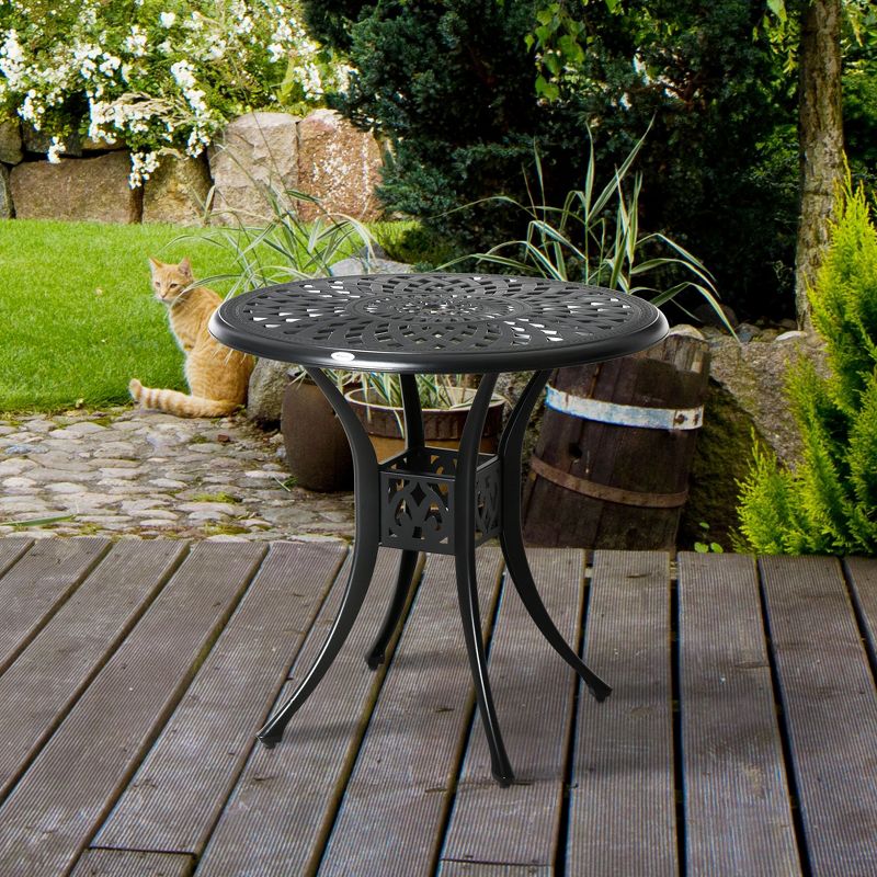 Outsunny 30" Round Patio Dining Table with Umbrella Hole, Antique Cast Aluminum Outdoor Bistro Table, Black, 2 of 7