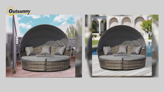 Outsunny Round Daybed, 4 pieces Cushioned Outdoor Rattan Wicker Sunbed or Conversational Sofa Set with Sun Canopy, Gray, 2 of 8, play video
