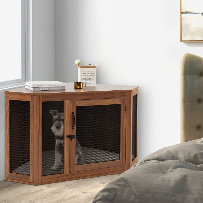 Tangkula Wooden Corner Dog Crate Furniture Pet Kennel End Table Cage w/ Door & Mesh, 2 of 11