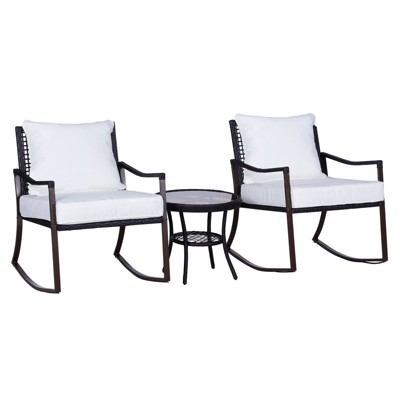 Outsunny 3 pc Rattan Wicker Rocking Chairs and Side Table Seating Set