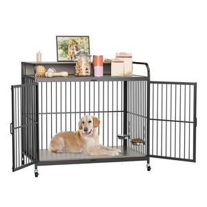 Dog Crate, Heavy Duty Dog Kennel with Adjustable Height Feeders, Pet House with 360° Wheels - 1 of 4