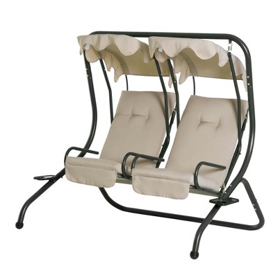 Beige Outdoor Patio Swing Chair with Separate Seats and Canopy