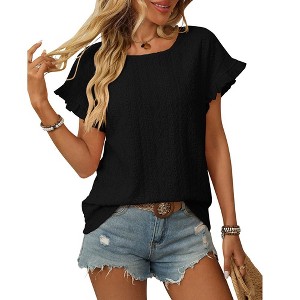 Coolmee Womens Summer Ruffle Short Sleeve Tops Crewneck Hollow Out T Shirts Casual Blouses - 1 of 4