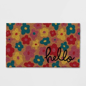 1'6"x2'6" 'Hello' Floral Doormat - Sun Squad™: Outdoor Welcome Mat, Multicolor, Coir, Summer Decor - 1 of 3