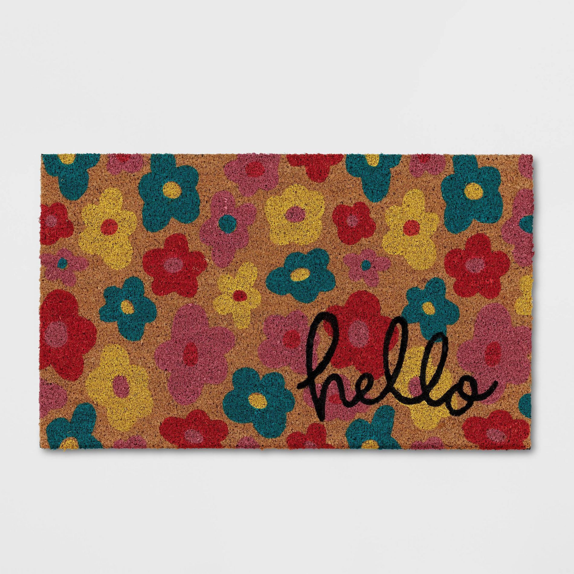 1'6"x2'6" 'Hello' Floral Doormat - Sun Squad™: Outdoor Welcome Mat, Multicolor, Coir, Summer Decor
