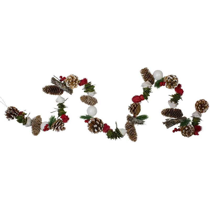 Northlight 5' x 4" Frosted Pine Cone, Twig, Berry and Wooden Rose Artificial Christmas Garland - Unlit, 1 of 5