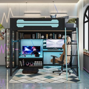 Polibi Full Size E-Sports Loft Bed with RGB Lighting, USB Charging & Pegboard Wall - 1 of 4