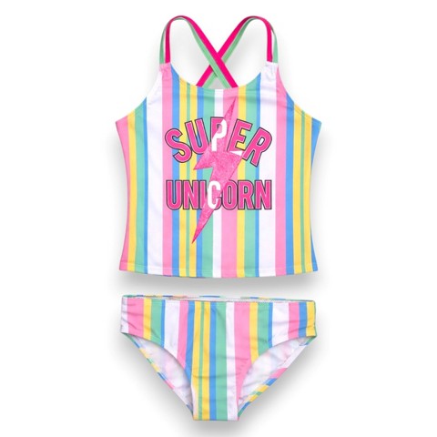 YMI Big Girls' 2-Piece Tankini Swimsuit Set, Multi/Paradise Stripe Print, 7/8
