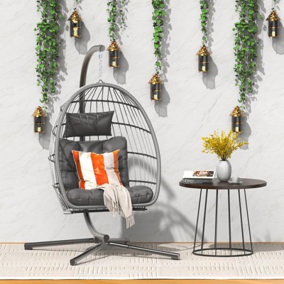 Hanging Egg Swing Chair with Stand, Patio Wicker Hammock Egg Swing with Cushion for Bedroom Garden Indoor Outdoor (Gray)