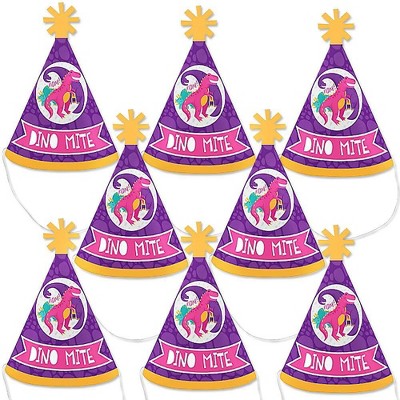 Big Dot of Happiness Roar Dinosaur Girl - Mini Cone Dino Mite T-Rex Baby Shower or Birthday Party Hats - Small Little Party Hats - Set of 8